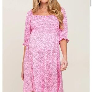Pinkblush Smocked Pink Midi Dress with Puff Sleeves
